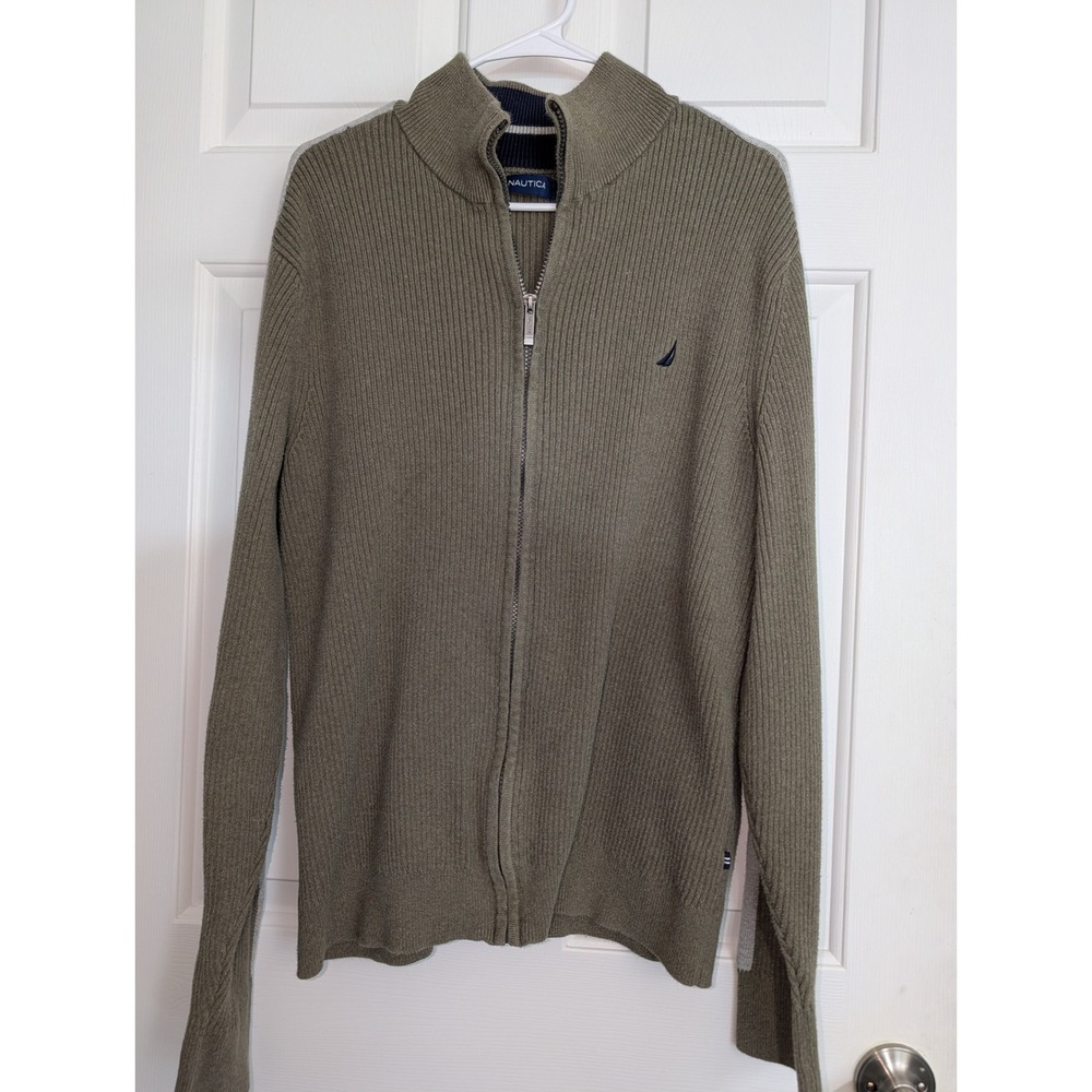 Nautica Men's XL Olive Ribbed Full Zip Sweater Coastal Grandpa Preppy